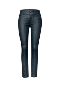 Leggings ajustados de color verde oscuro, fabricados en suave cuero sintético. Presentan dos bolsillos frontales y un cierre de doble botón en la cintura.