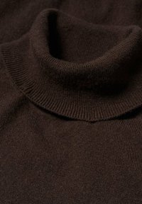 Bruine gebreide coltrui met een geribbelde kraag en een gladde textuur, met een aansluitend ontwerp en middellicht materiaal.