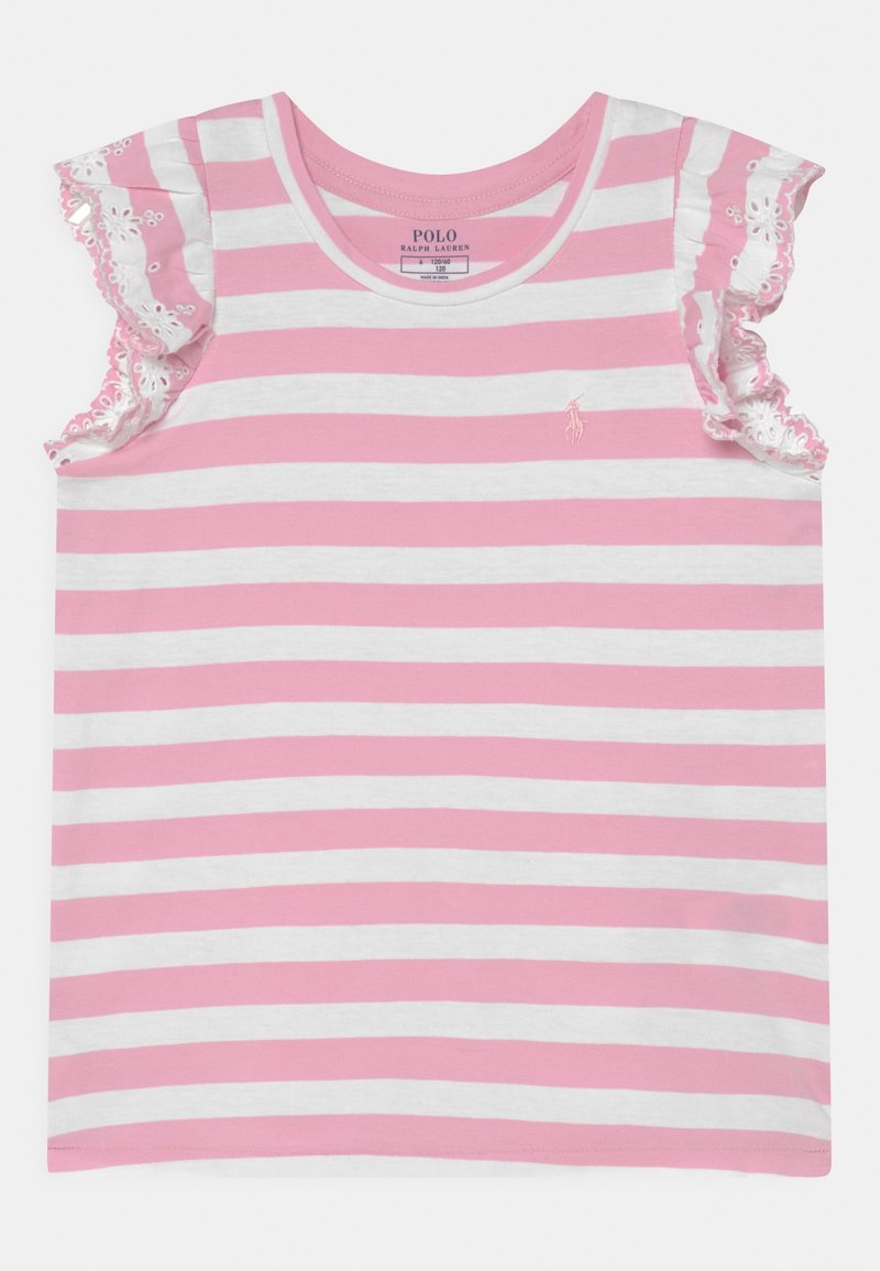 Różowo-biały, pasiasty t-shirt z krótkim rękawem, z koronkową lamówką na ramionach oraz małym haftowanym logo na lewej piersi. Materiał bawełniany.