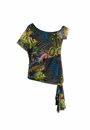 Asymmetrisches schwarzes Kurzarmoberteil mit bunten tropischen Fisch- und Blumenmustern, versehen mit einer seitlichen Schleifendetail.