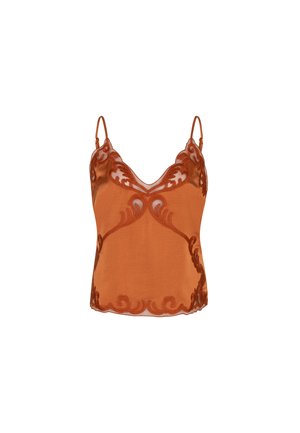 Oranje doorschijnende camisole met dunne bandjes en sierlijke bloemrijke borduursels langs de halslijn, zijkanten en zoom.