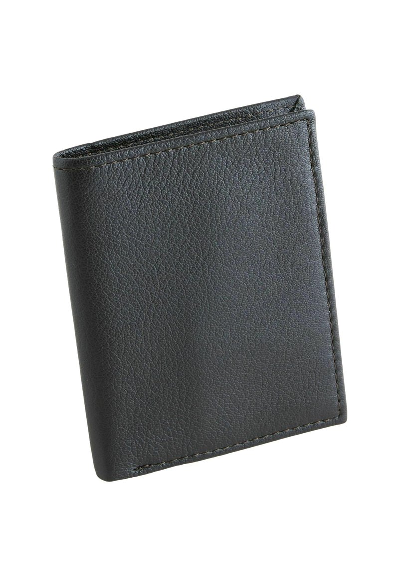 Black leather wallet with a textured surface, bi-fold design, and visible stitching along the edges. Compact and rectangular shape.