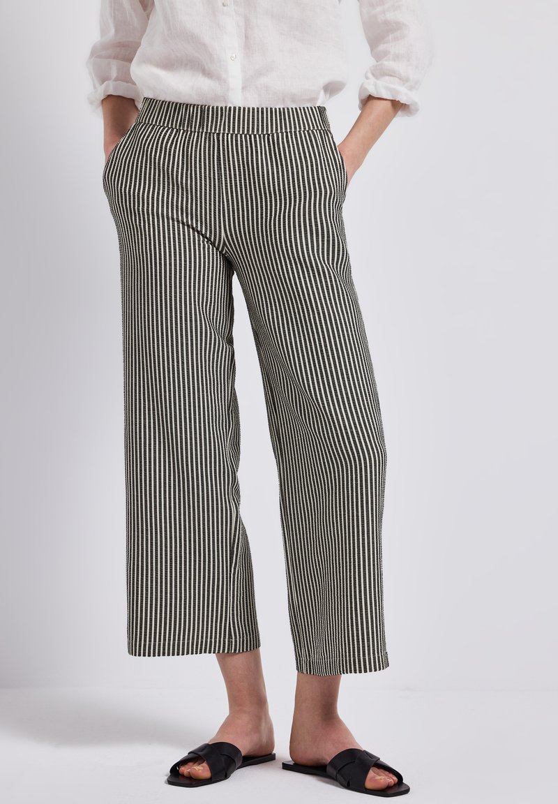 Pantalons à larges rayures noires et blanches avec une taille haute, en tissu respirant et à coupe décontractée, associés à des sandales noires à enfiler.