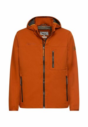 Orange jacket with a zippered front, adjustable hood, and two side pockets. Features textured fabric and contrasting gray lining.