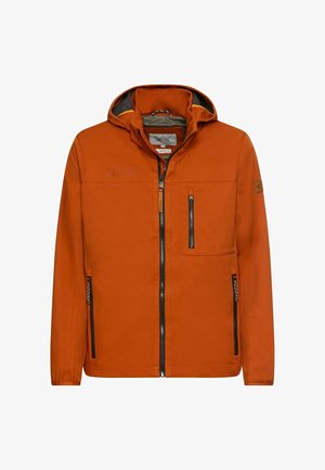 Oranje jasje met een ritssluiting aan de voorkant, verstelbare kap en twee zijzakken. Beschikt over een gestructureerde stof en contrasterende grijze voering.
