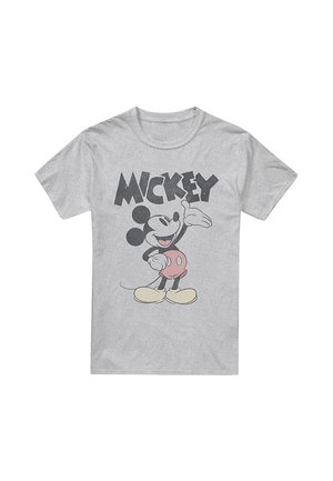 Graues Baumwoll-T-Shirt mit einem Grafikdesign von Mickey Mouse in einem roten und schwarzen Outfit, darüber in fetten schwarzen Buchstaben "MICKEY".