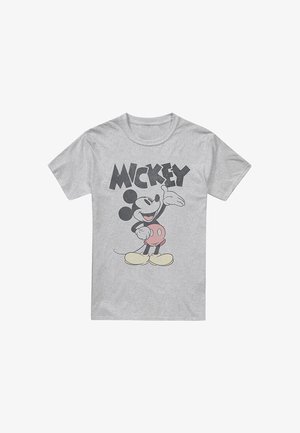 Graues Baumwoll-T-Shirt mit einem Grafikdesign von Mickey Mouse in einem roten und schwarzen Outfit, darüber in fetten schwarzen Buchstaben "MICKEY".