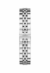 Pulsera de reloj metálica hecha de acero inoxidable pulido; presenta un diseño de eslabones con eslabones rectangulares y cuadrados, de color plateado.