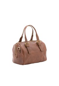 Borsa a mano in pelle marrone con due manici, dettagli in metallo dorato, chiusura a zip e dettagli di cucitura. Forma arrotondata con una texture liscia.