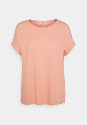 Rosa Baumwoll-T-Shirt mit rundem Ausschnitt, kurzen aufgerollten Ärmeln und lockerem Schnitt. Mit kleinem Markenschild an der Seite.