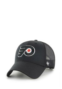 Schwarze Baseballkappe mit Netzrücken, mit aufgesticktem orange-weißen Logo. Verstellbare Passform mit strukturiertem Stoff. Markenlogo an der Seite.
