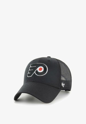 Black baseball cap with mesh back, features embroidered orange and white logo. Adjustable fit with textured fabric. Brand logo on side.