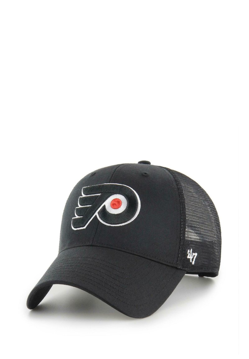 Schwarze Baseballkappe mit Netzrücken, mit aufgesticktem orange-weißen Logo. Verstellbare Passform mit strukturiertem Stoff. Markenlogo an der Seite.