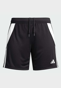 Pantaloni scurți sport negri cu panouri laterale albe, talie elastică, închidere cu șnur și logo cu trei dungi albe în partea din față inferior.