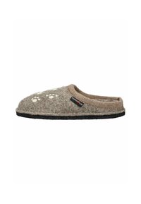 Grå følesneaker med en brun strikket manchet, der har hvide poteaftryk som accent, og en sort gummisål. Mærket er synligt på siden.