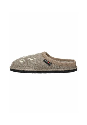 Gray felt slipper with a brown knit cuff, featuring white paw print accents, and a black rubber sole. Brand label visible on the side.