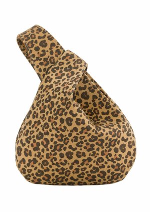 Pehmeä kangaslaukku leveällä remmillä, jossa on ruskean ja mustan leopardikuvio vaaleanruskealla taustalla.