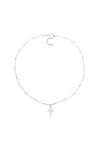 Silver chain necklace with a small cross pendant, featuring a beaded design and adjustable clasp. Smooth texture, delicate appearance.