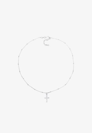 Collier en chaîne argentée avec un petit pendentif en croix, présentant un design perlé et un fermoir ajustable. Texture lisse, apparence délicate.