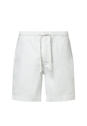 Pánské plavecké šortky bílé barvy s elastickým pasem, nastavitelným šňůrkovým stahováním a bočními kapsami, zobrazené na jednobarevném pozadí.