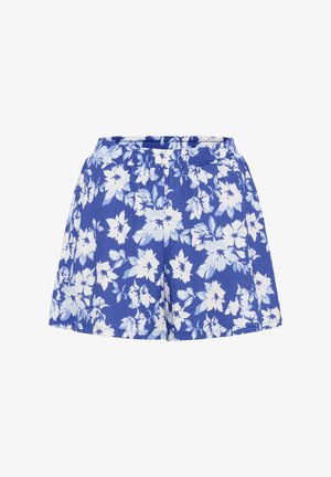 Shorts fleuris bleus avec un motif de fleurs blanches. Taille élastique, coupe ample, texture légère et longueur au genou.