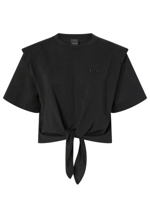 T-shirt nera corta realizzata in morbido tessuto, con maniche corte, nodo anteriore e logo del marchio impresso sul petto.
