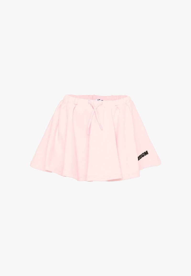 Mini-jupe évasée rose clair avec taille élastique, cordon de serrage, et logo noir "MSGM" sur le côté inférieur droit.
