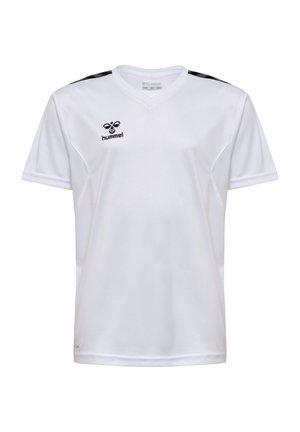 Weißes T-Shirt mit kurzen Ärmeln aus feuchtigkeitsableitendem Material, mit V-Ausschnitt, schwarzen Schulterakzenten und einem Logo auf der Brust.
