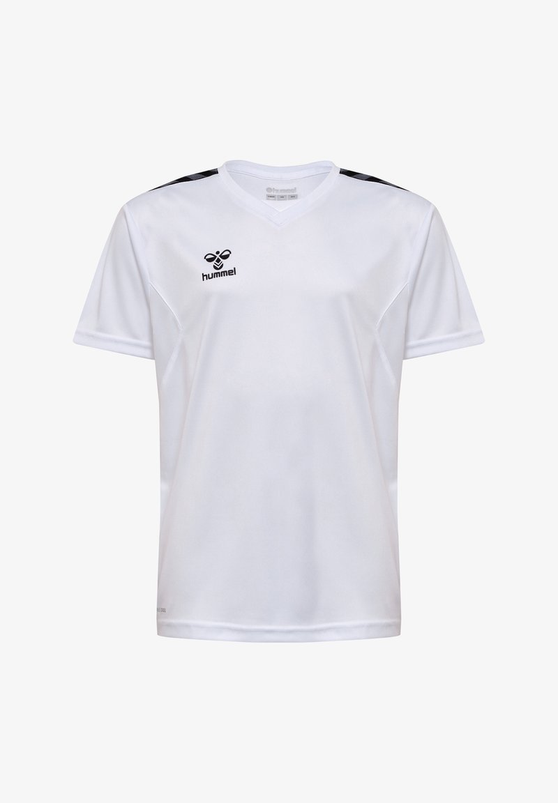 Biała koszulka z krótkim rękawem z materiału odprowadzającego wilgoć, z dekoltem w kształcie V, czarnymi akcentami na ramionach oraz logo na piersi.