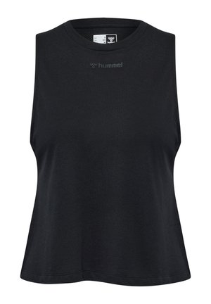 Czarny bezrękawnik wykonany z gładkiego materiału o luźnym kroju. Posiada okrągły dekolt oraz subtelne logo na klatce piersiowej.