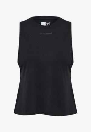 Czarny bezrękawnik wykonany z gładkiego materiału o luźnym kroju. Posiada okrągły dekolt oraz subtelne logo na klatce piersiowej.