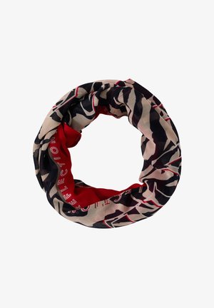 Infinity scarf featuring a floral pattern in black and beige, with a red interior. Made of lightweight fabric.