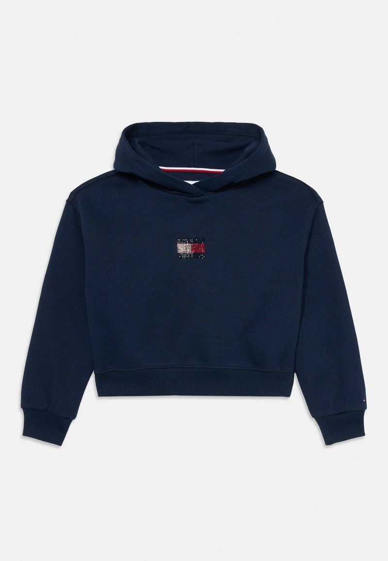 Námornícky modrý skrátený hoodie vyrobený z jemnej bavlny, má malé, mnohofarebné logo na hrudi a ribbované manžety a lem.