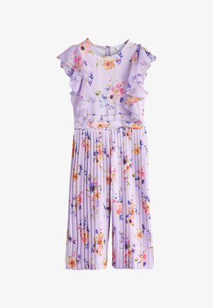 Abito floreale lilla con maniche corte arricciate, gonna plissettata e vita aderente, caratterizzato da fiori rosa, arancioni e viola.