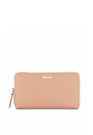 Beige leather wallet with a textured surface, rectangular shape, silver hardware accents, and a visible zipper closure.