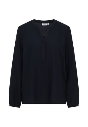 Musta pitkähihaine paita, jossa on V-pääntie, nappilista ja joustavat hihat. Valmistettu sileästä kankaasta, joka on rento malli.