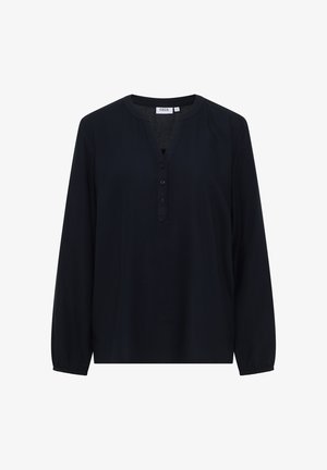 Musta pitkähihaine paita, jossa on V-pääntie, nappilista ja joustavat hihat. Valmistettu sileästä kankaasta, joka on rento malli.