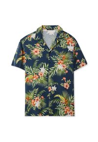Camicia a manica corta in blu navy con un motivo floreale tropicale che presenta hibiscus e foglie di palma. Realizzata in tessuto leggero, con chiusura a bottoni.