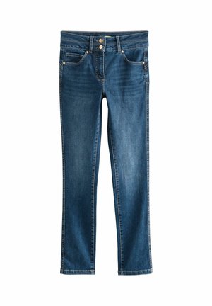 Denim-Jeans in Mittelblau, mit geradem Schnitt, Vordertaschen, Zwei-Knopf-Verschluss und kontrastierenden Nähten. Klassischer Stil.