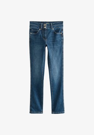 Jean en denim bleu moyen, avec une coupe droite, des poches avant, une fermeture à deux boutons et des coutures contrastées. Style classique.