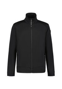 Schwarze Softshelljacke mit hohen Kragen, vorderem Reißverschluss, seitlichen Taschen und glatter Textur. Mit einem Logo am Kragen und an den Ärmeln.