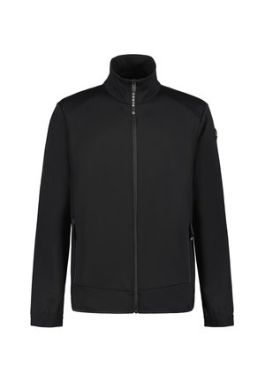 Zwarte softshell jas met een hoge kraag, frontale rits, zijzakken en een gladde textuur. Beschikt over een logo op de kraag en mouwen.