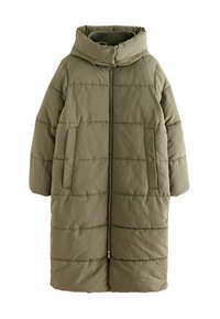 Manteau bouffant mi-long en vert olive, avec un col montant, une fermeture éclair, des coutures verticales et deux poches latérales.