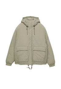 Svetlo béžová puffrová bunda s kapucňou, elastickými manžetami, dvoma prednými vreckami a sťahovacími šnúrkami na leme a kapucni. Hladká textúra.