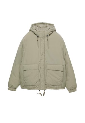 Svetlo bež pufasta jakna s kapuco, elastičnimi manžetami, dvema sprednjima žepoma in nastavljanjem s vrvicami na koncu in kapuci. Gladka tekstura.