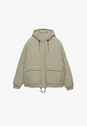 Jasnobeżowa kurtka puchowa z kapturem, elastycznymi mankietami, dwiema przednimi kieszeniami oraz regulacją za pomocą sznurków na dole i kapturem. Gładka tekstura.