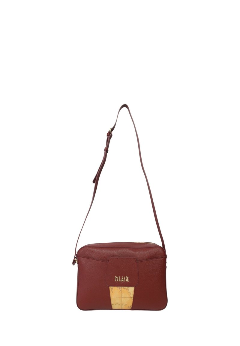 Borsa a spalla in pelle rossa con una texture liscia, caratterizzata da un accento beige con un motivo a mappa sul davanti e una tracolla regolabile.