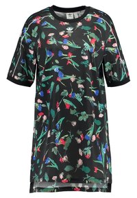 Czarna sukienka t-shirt z krótkim rękawem, ozdobiona wzorem kwiatowym w zielone, niebieskie i różowe kwiaty, z okrągłym dekoltem.