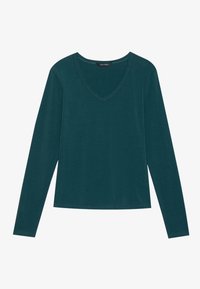 Langærmet V-hals top i dyb teal. Fremstillet af blødt stof med en glat tekstur. Enkel design uden synlige mønstre eller udsmykninger.