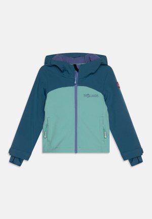Veste pour enfants en teal et vert clair, avec une fermeture éclair à l'avant, une capuche et deux poches. Le matériau semble doux avec une texture lisse.